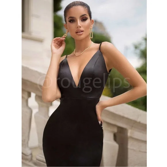 Black Deep V Neck Backless Ruched Long Slip Sheath Dress Evening Gown Prom - Picture 4 of 16